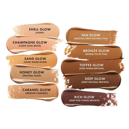 Various shades of foundation with names on a white background