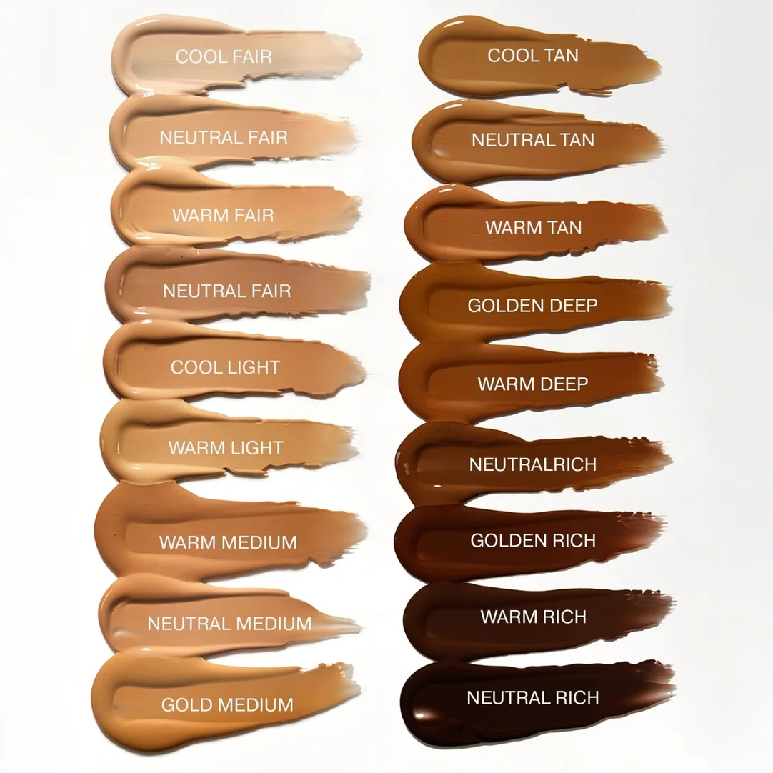A vertical grid of 18 foundation swatches in various shades, labeled with names like Cool Fair, Neutral Fair, Warm Medium, and Golden Rich, on a clean white background.