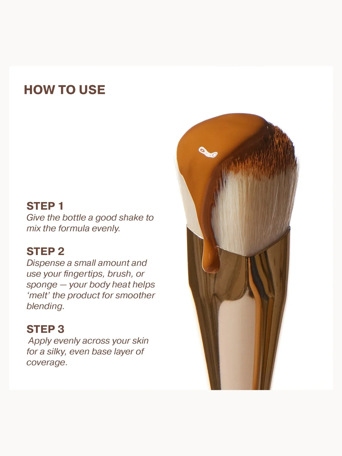 Instruction graphic showing how to use a makeup brush with brown cream product on the bristles, alongside three steps of usage text on a white background.