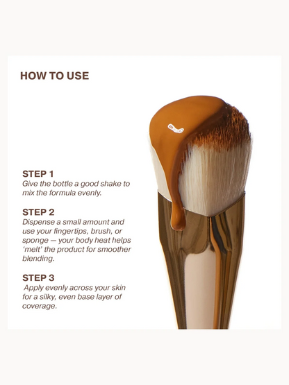 Instruction graphic showing how to use a makeup brush with brown cream product on the bristles, alongside three steps of usage text on a white background.
