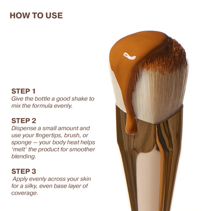 Makeup brush with iconic london golden tan foundation on a white background and usage instructions.