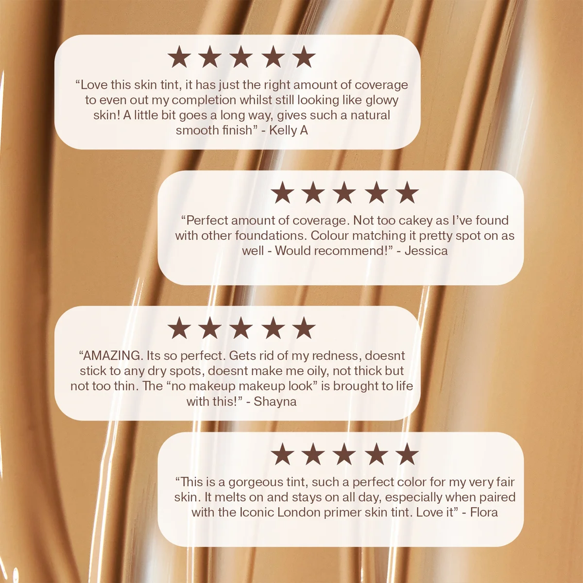Product with customer reviews displayed on a beige background