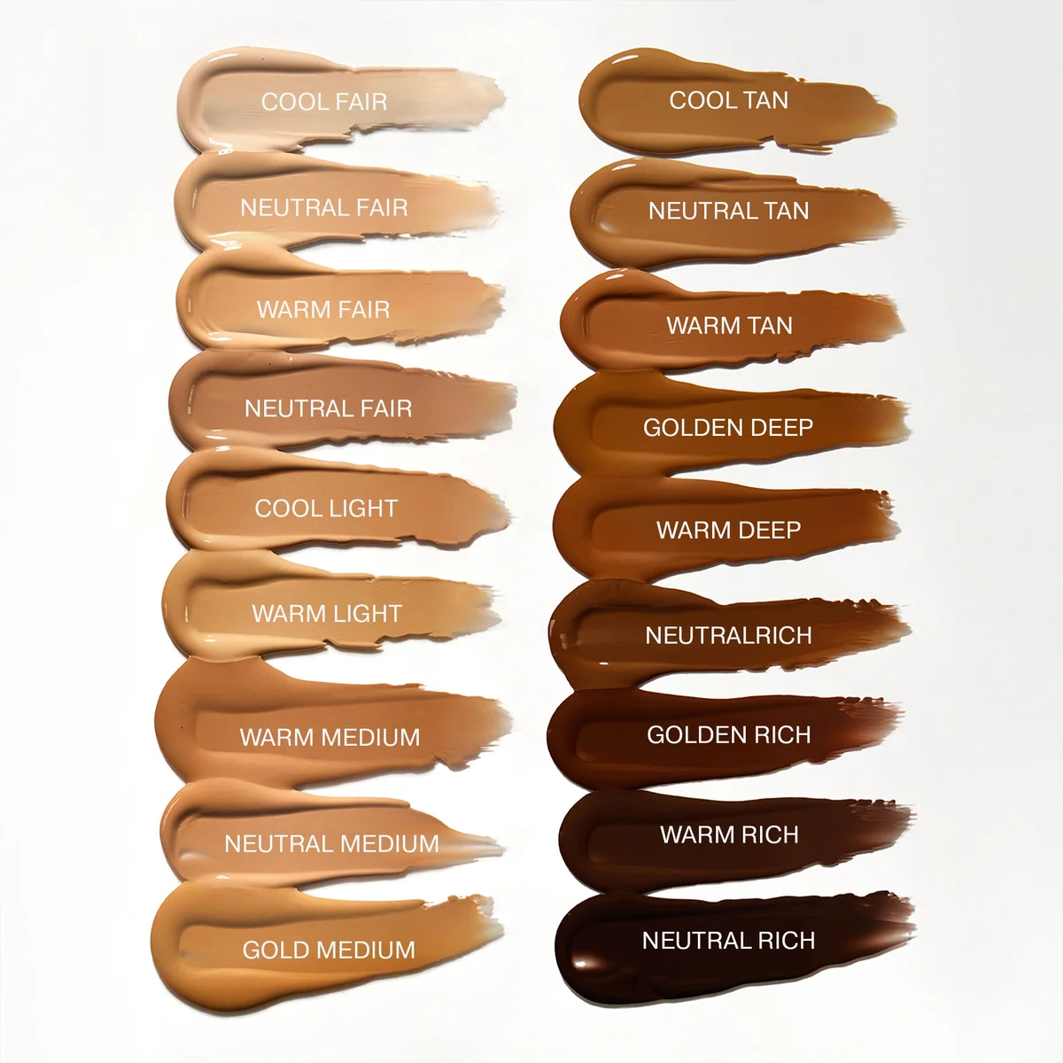 Color swatches of foundation shades with labels on a white background