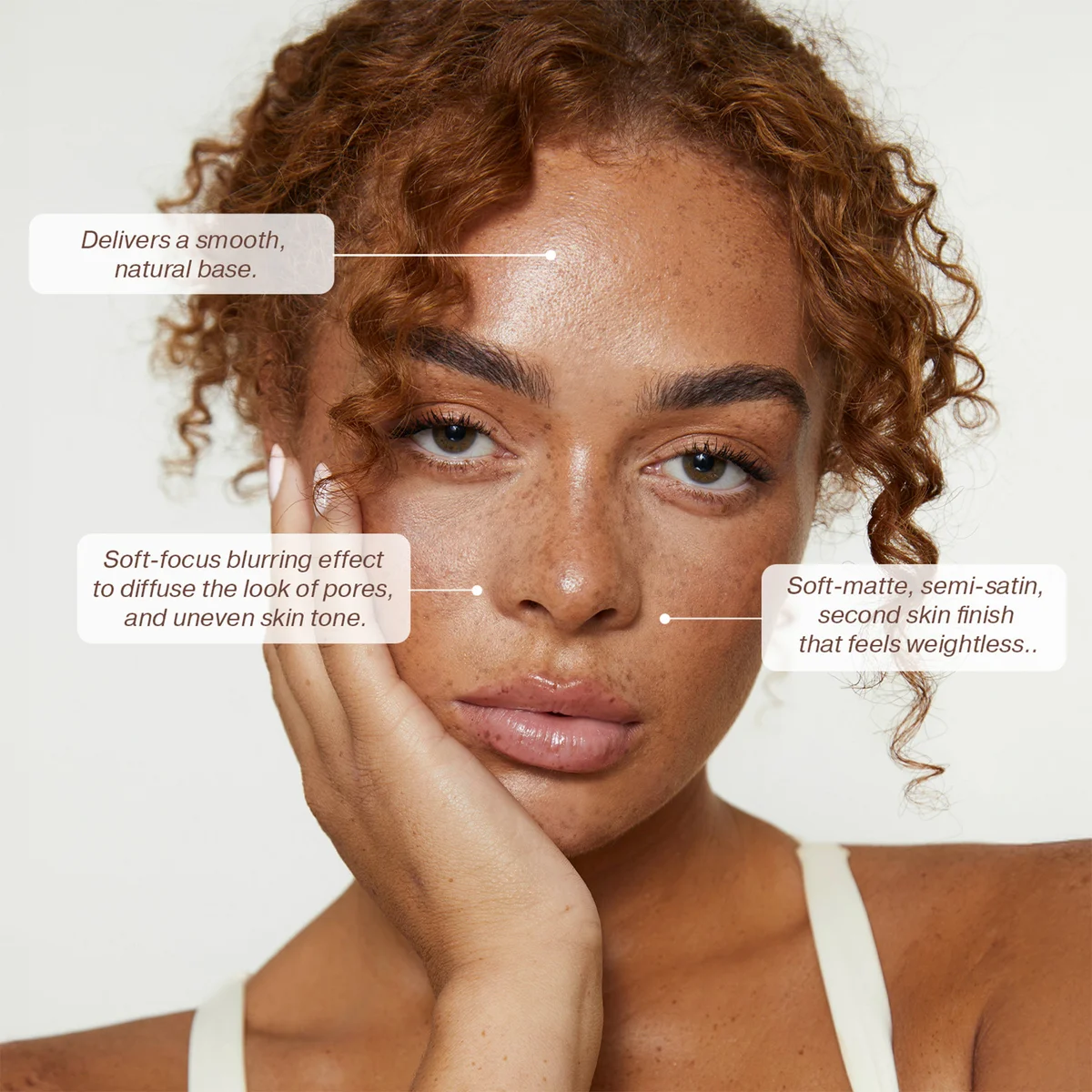 Woman with natural skin tone and text describing skincare product effects