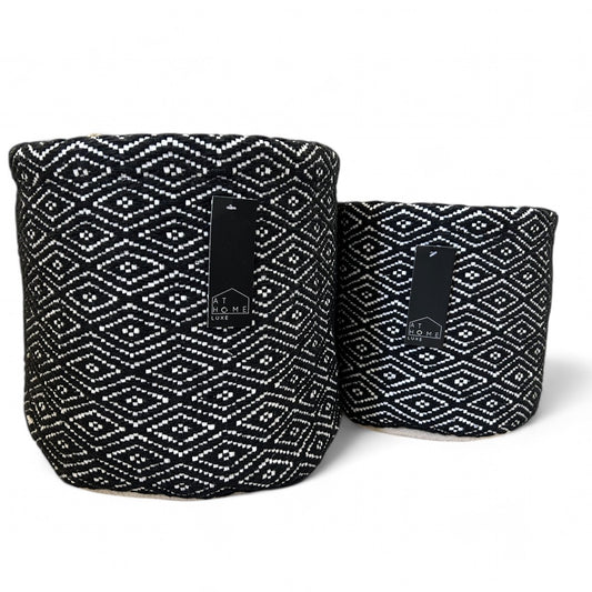 2 x Monochrome Geometric Woven Storage Sisal Style Baskets - 33cm & 26cm Diameter