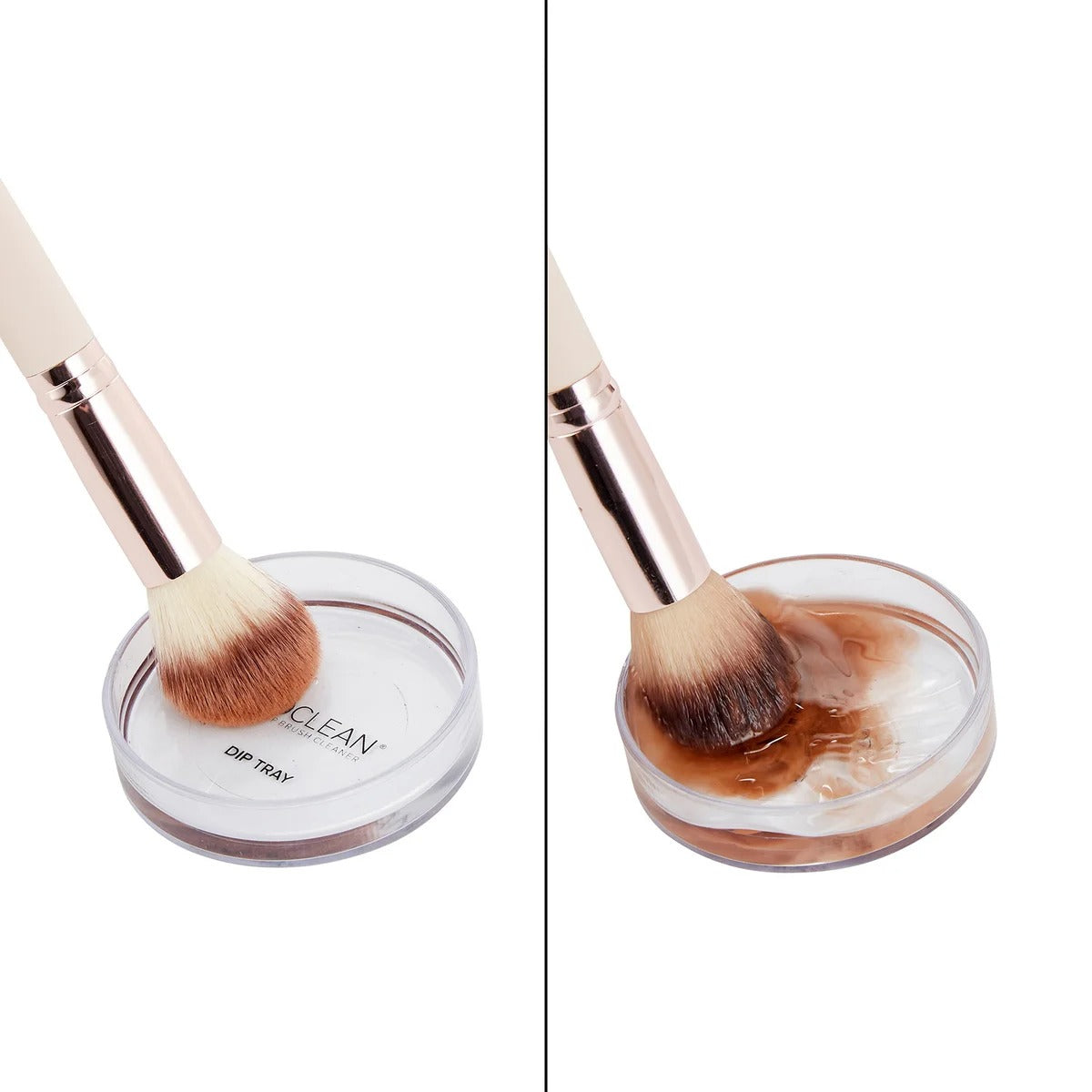 Makeup brush cleaning process with a clear container labeled 'ISOClean' on a white background.