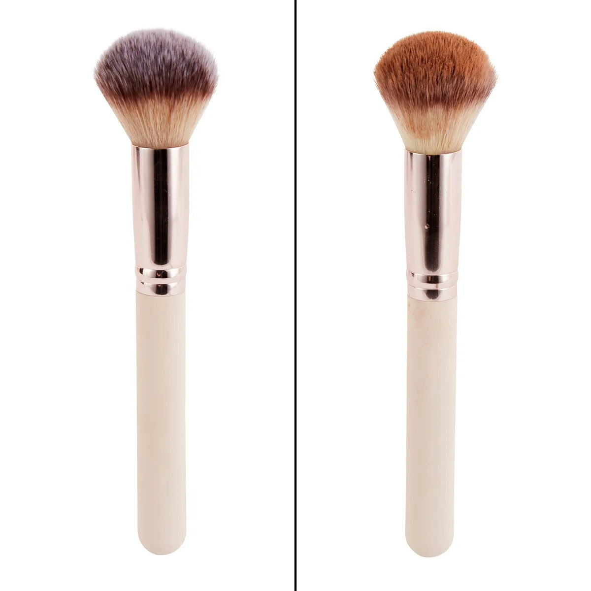 Two makeup brushes, ONE DIRETY AND ONE CLEAN, with wooden handles and synthetic bristles on a white background.