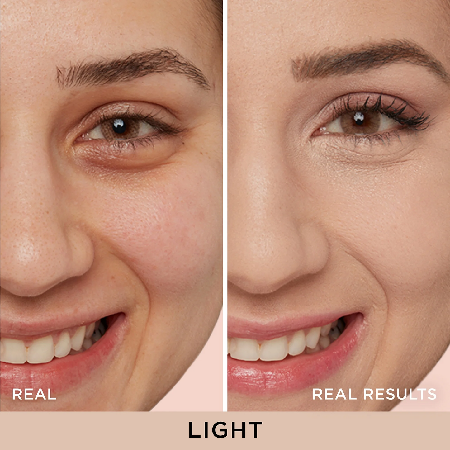 Close-up before-and-after comparison of a woman's eye and mouth area, labeled 'REAL' and 'REAL RESULTS' with 'LIGHT' at the bottom, showing makeup or cosmetic effect on the right side.