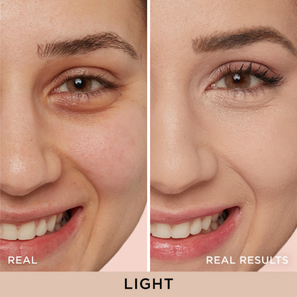 Close-up before-and-after comparison of a woman's eye and mouth area, labeled 'REAL' and 'REAL RESULTS' with 'LIGHT' at the bottom, showing makeup or cosmetic effect on the right side.