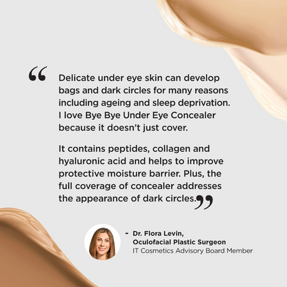 A promotional graphic with a large quote about under-eye concealer on a light gray background, decorated with beige liquid-like swatches in the corners. A small circular photo of Dr.