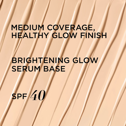 Foundation with text describing medium coverage, healthy glow finish, brightening glow serum base, and SPF 40.