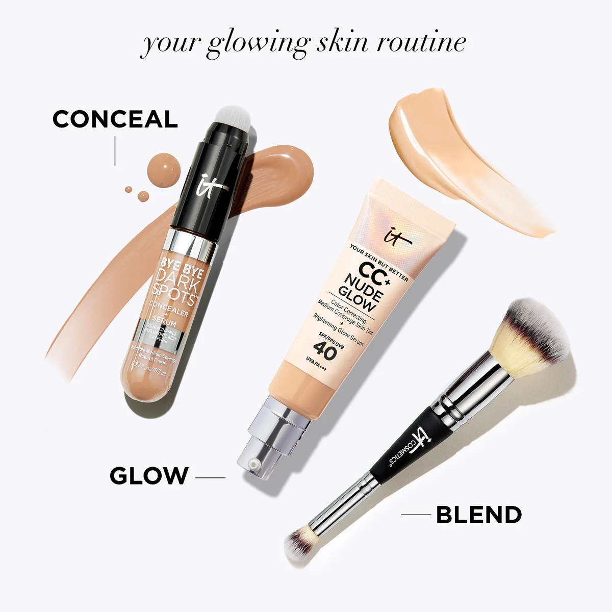 Makeup products and tools for a glowing skin routine on a white background