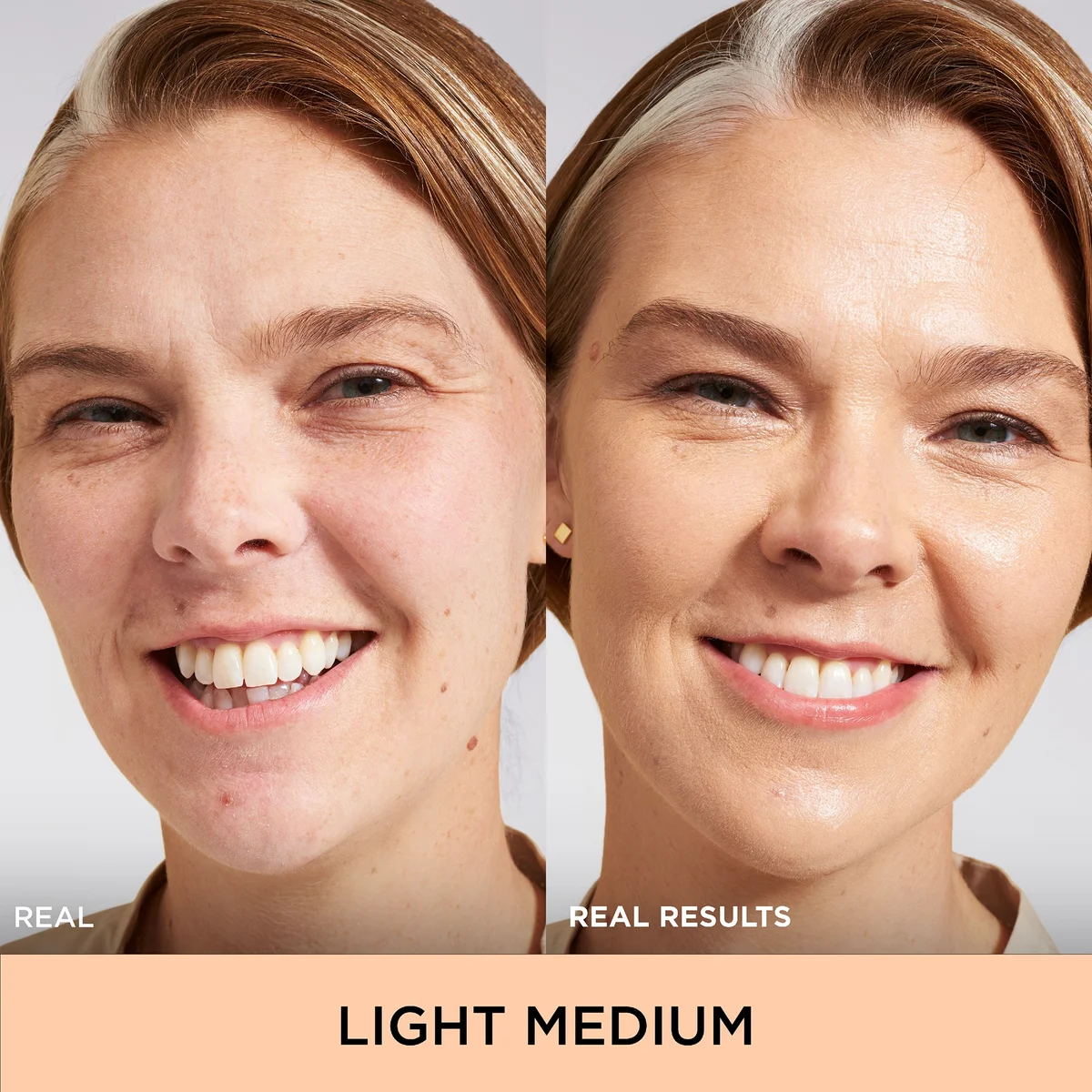 Before and after comparison of a woman's face with 'Real Results' text and 'Light Medium' label.
