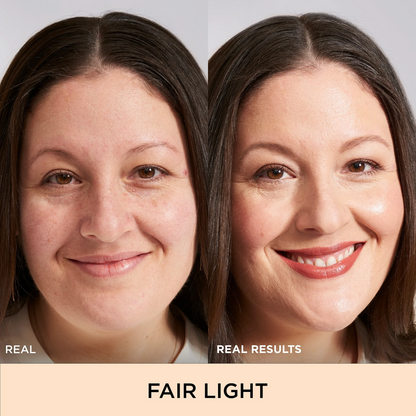 Before and after comparison of a woman's face with 'Real Results' and 'Fair Light' text.