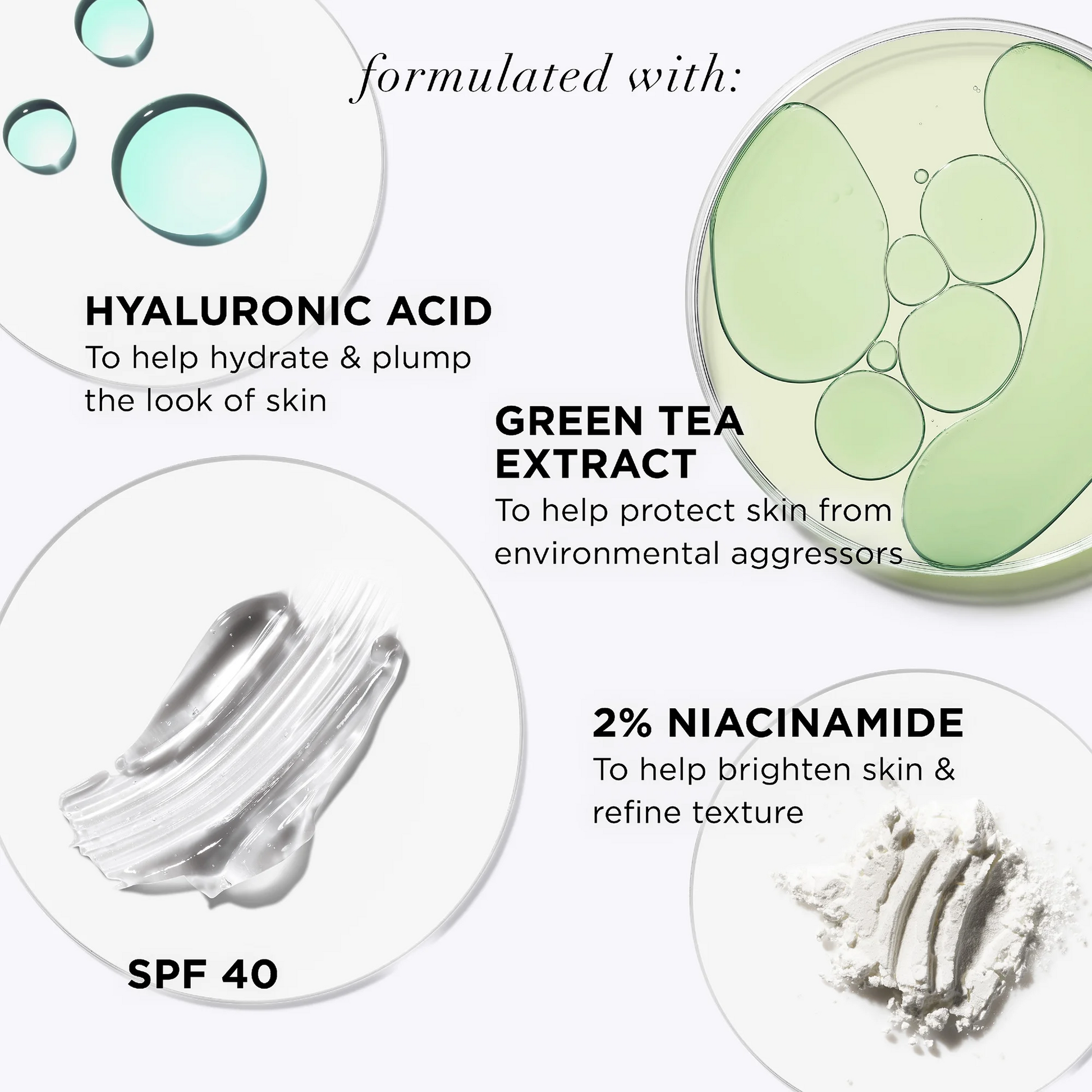 Skincare product ingredients with hyaluronic acid, green tea extract, niacinamide, and SPF 40 on a white background.