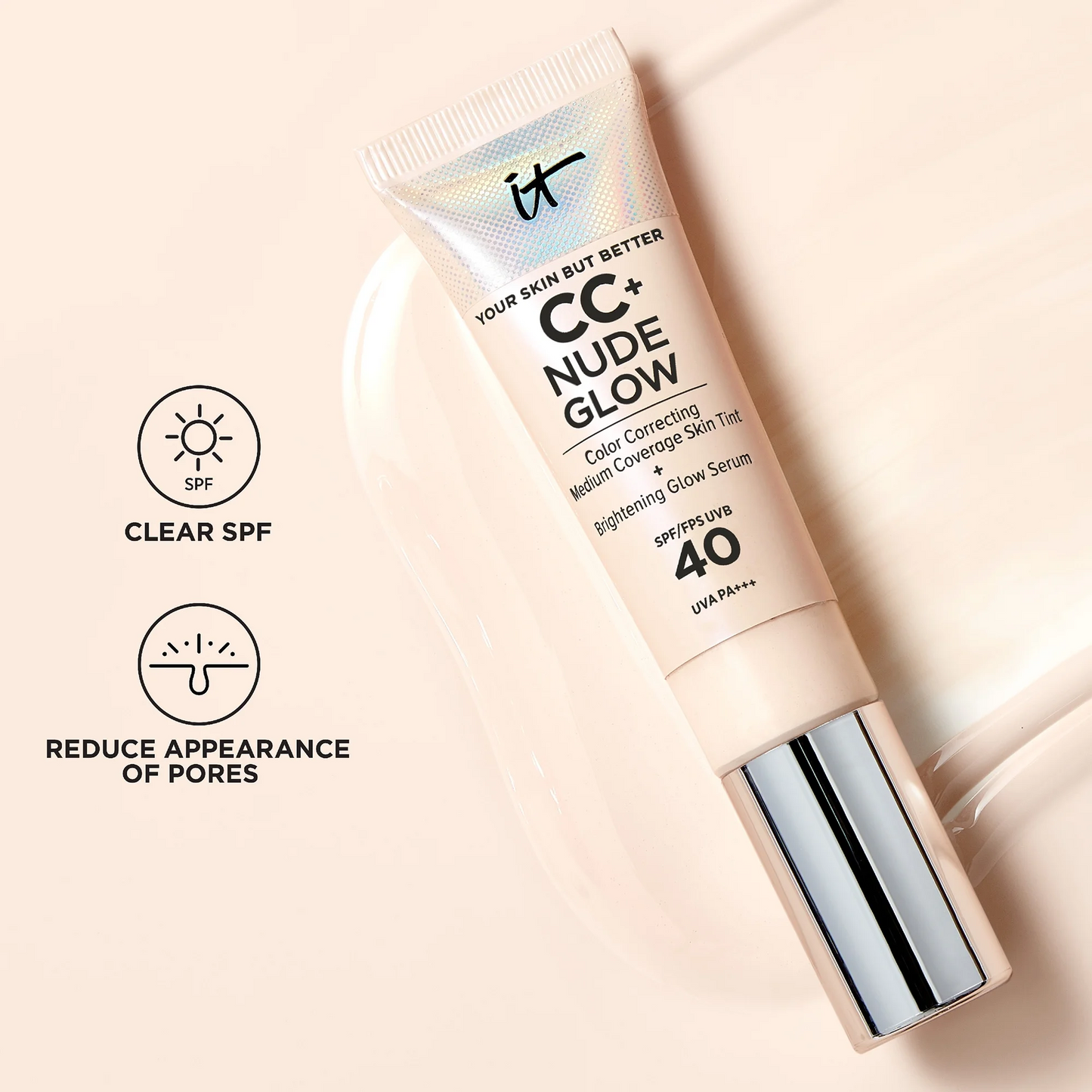 CC Nude Glow serum bottle with SPF 40 on a beige background