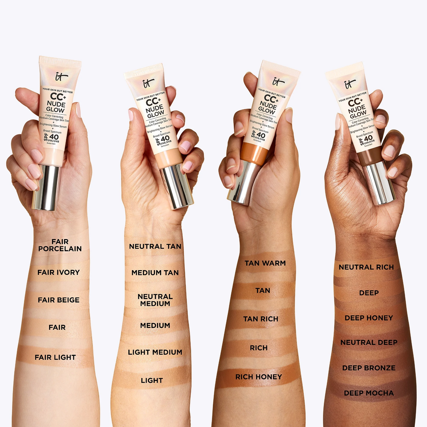 Hands holding CC Cream bottles with color swatches on a white background