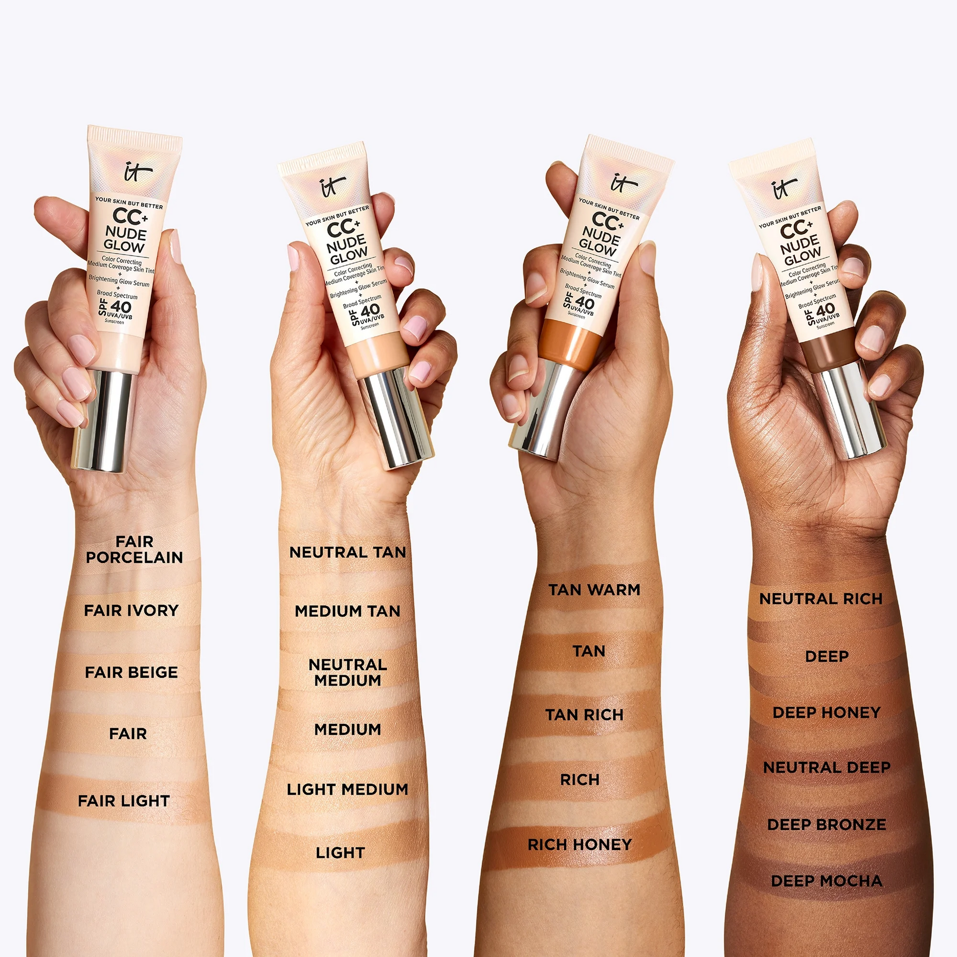 Hands holding CC Cream bottles with color swatches on a white background