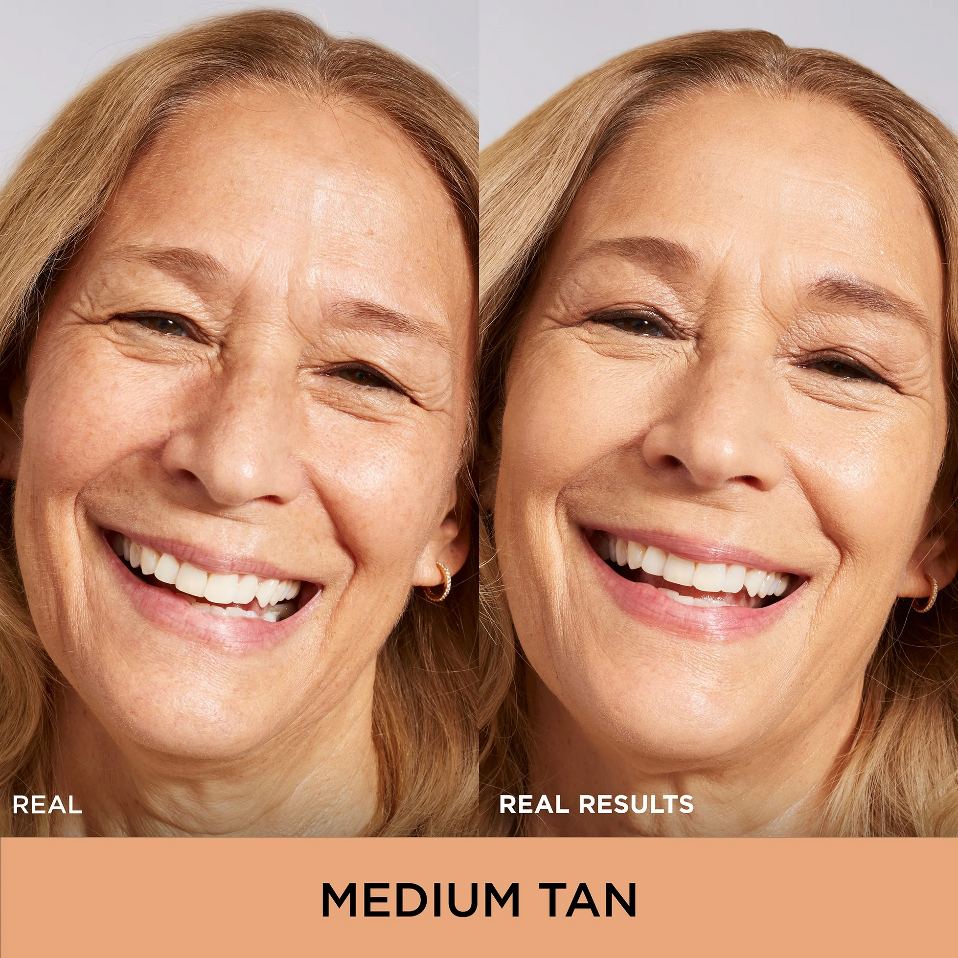 A side-by-side comparison of a woman's face showing a before-and-after makeup result. The left side is labeled 'REAL' and shows natural skin tones, while the right side is labeled 'REAL RESULTS' and shows a medium tan complexion.