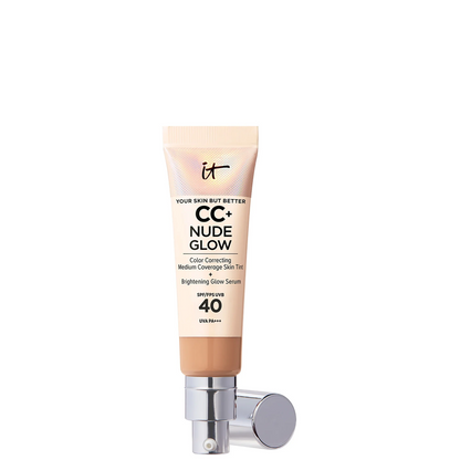 It Cosmetics CC+ Nude Glow Color Correcting Medium Coverage Skin Tint in a squeeze tube with a silver pump dispenser, shown on a solid white background.