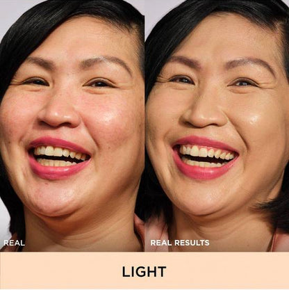 Before and after comparison of a woman's face wearing IT Cosmetics CC+ Foundation and Glow Serum with SPF40 - Light CC+ on a white background with text 'Real Results'