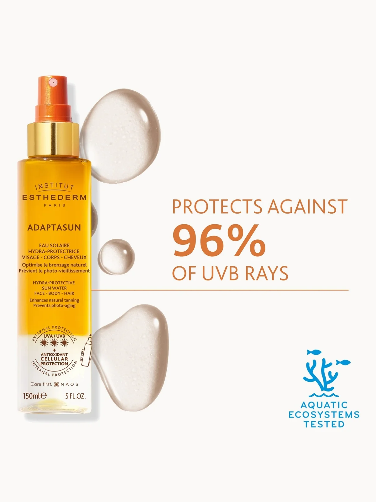 Institut Esthederm Adaptasun sunscreen bottle with droplets and text on a white background