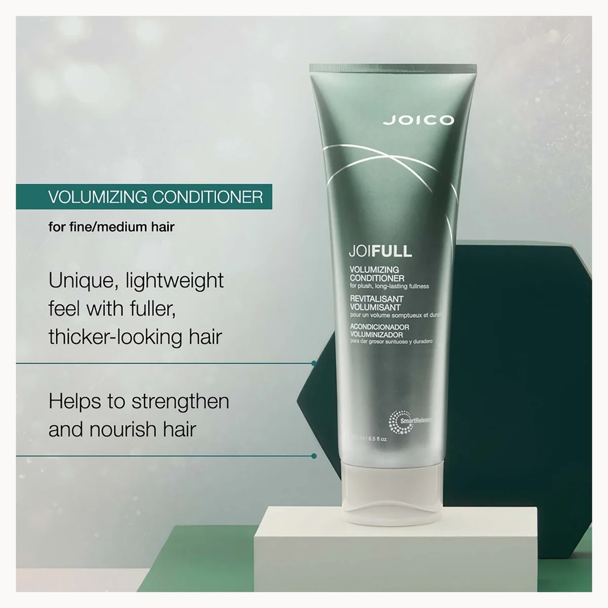 Joico Joifull Volumizing Conditioner in a metallic teal squeeze tube, displayed on a white pedestal with promotional text on the left.
