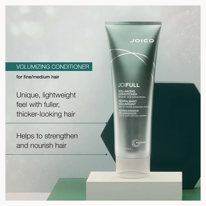 Joico Joifull Volumizing Conditioner in a metallic teal squeeze tube, displayed on a white pedestal with promotional text on the left.