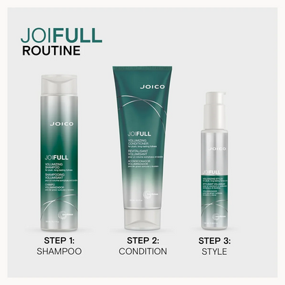 Joico Joifull Routine hair care set showing three products: Step 1 Shampoo, Step 2 Condition, and Step 3 Style, arranged on a light gray background with descriptive labels.