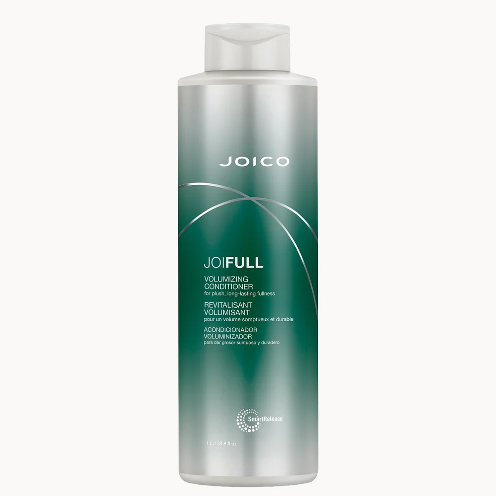 A bottle of Joico JoFull Volumizing Conditioner with a silver and green gradient design on a light gray background.