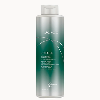 A bottle of Joico JoFull Volumizing Conditioner with a silver and green gradient design on a light gray background.