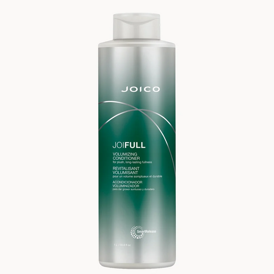 A bottle of Joico JoFull Volumizing Conditioner with a silver and green gradient design on a light gray background.