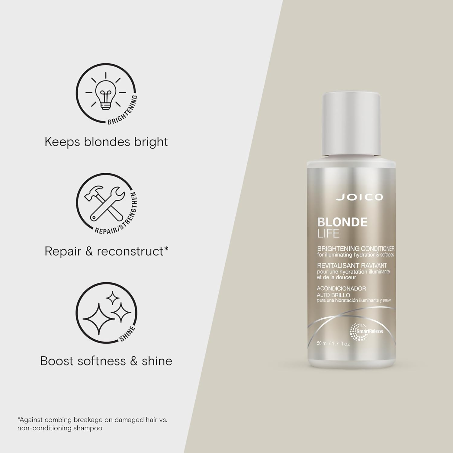 Joico Blonde Life conditioner bottle with product benefits on a light gray background