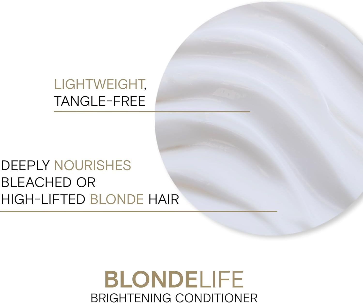 BlondeLife brightening conditioner packaging with text about hair care benefits on a white background.