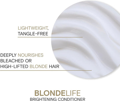 BlondeLife brightening conditioner packaging with text about hair care benefits on a white background.