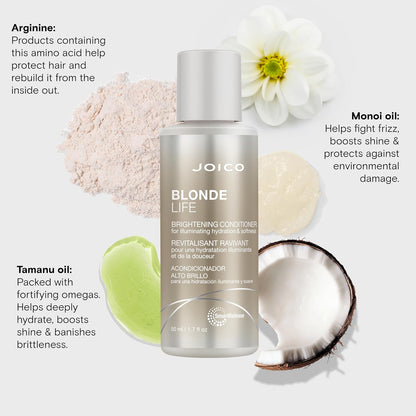 Joico Blonde Life hair care product with ingredients and benefits on a white background