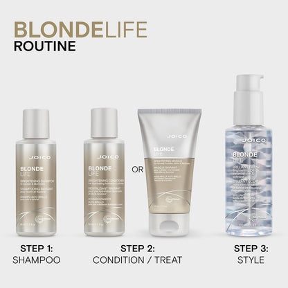 Joico Blonde Life hair care products with step-by-step instructions on a white background