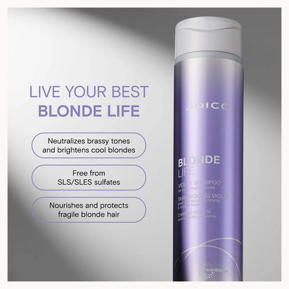 Joico Blonde Life shampoo bottle with product details on a gray background