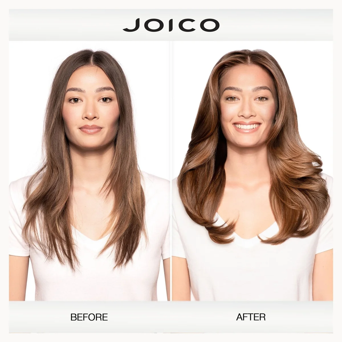 Before and after comparison of hair color treatment with JOICO branding.