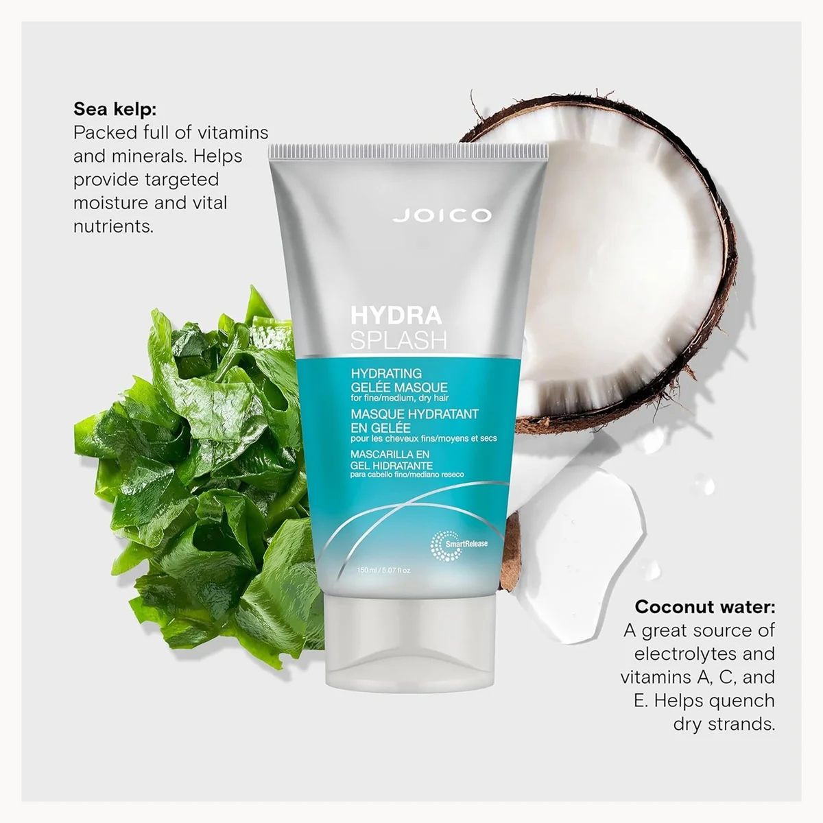 Joico Hydra Splash mask tube with coconut and leaves on a light gray background