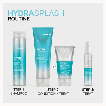 Joico Hydra Splash hair care routine with shampoo, conditioner, and treat products on a white background.