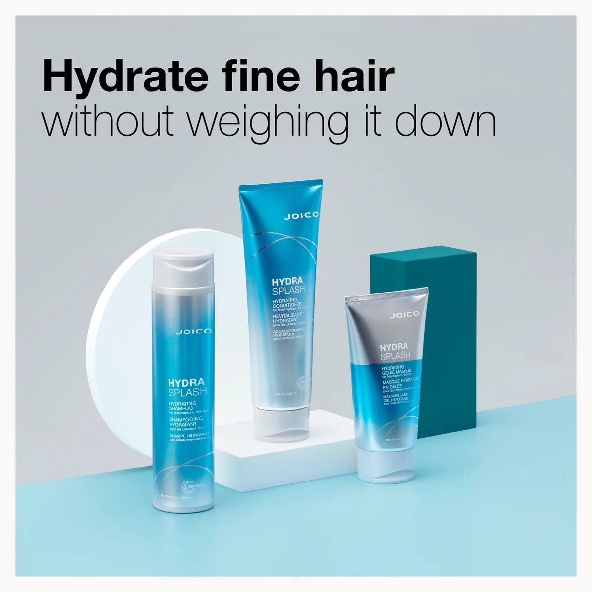 Joico hair care products on a light blue background with text about hydrating fine hair.