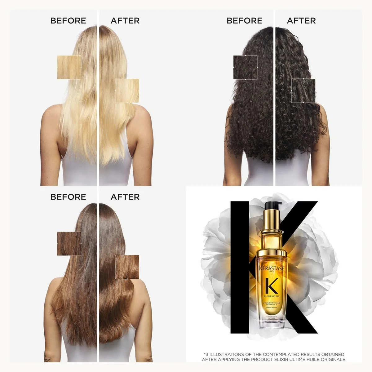Before and after hair transformation with a bottle of hair product in the center.