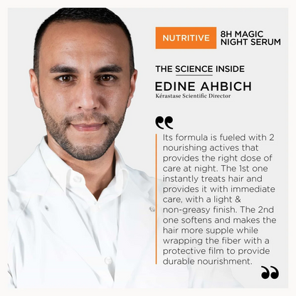 A promotional graphic featuring a portrait of Edine Ahbib on the left, with text on the right reading 'Nutritive 8H Magic Night Serum' and a quote about hair care benefits. The design uses a white background with orange and black text accents.