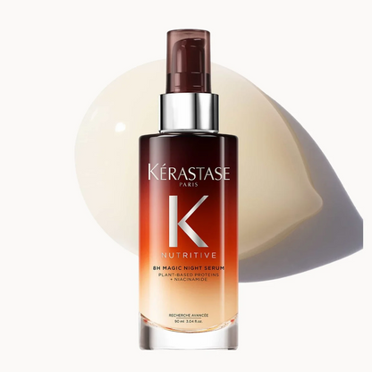 Kérastase Paris Nutritive Hair Growth Serum in a clear bottle with a brown-to-amber gradient label, a silver collar, and a dark brown pump, set against a white background with a soft beige circular graphic and shadow.