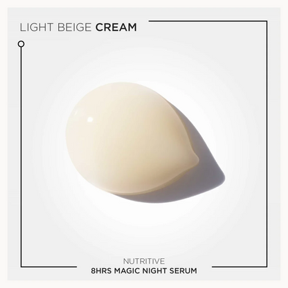 A teardrop-shaped cosmetic dropper containing light beige cream, centered on a white background with minimalist black text reading 'LIGHT BEIGE CREAM' and 'NUTRITIVE 8HRS MAGIC NIGHT SERUM'.