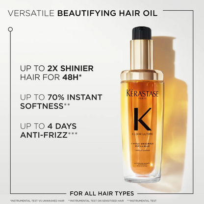 Kerastase hair oil bottle with product benefits text on a white background