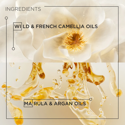 Floral design with oil droplets and text about ingredients on a beige background