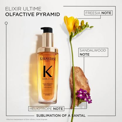 Kérastase Elixir Ultime bottle with sandalwood, freesia, and heliotrope notes on a white background