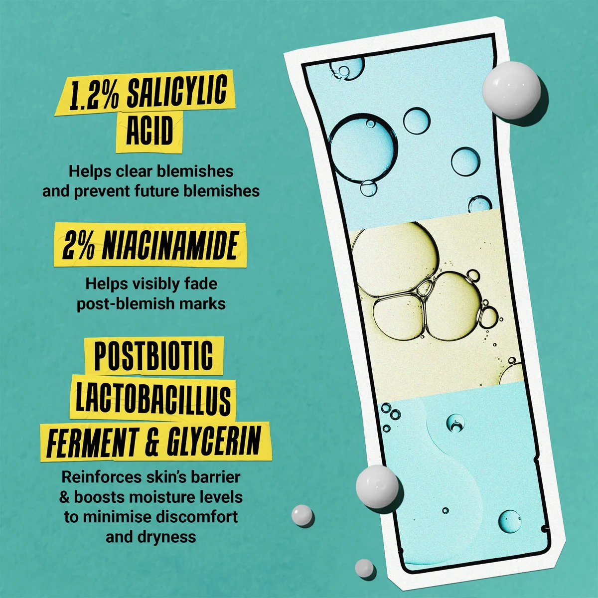 An informational graphic on a teal background with text highlighting skincare ingredients: 1.2% salicylic acid, 2% niacinamide, and postbiotic lactobacillus ferment & glycerin.